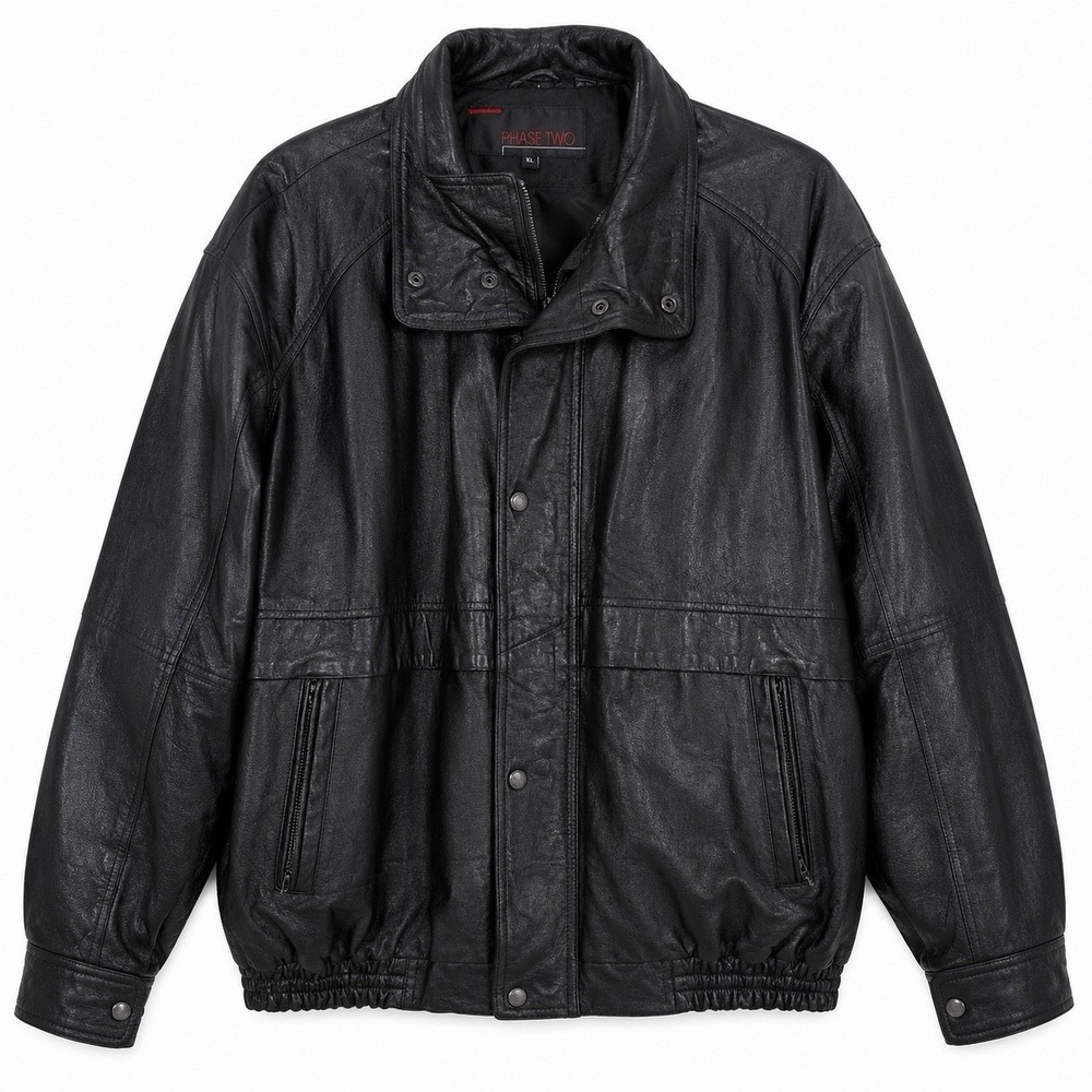Phase Two Men's Black Genuine Leather Bomber Jacket Zip Snap Vintage Size XL